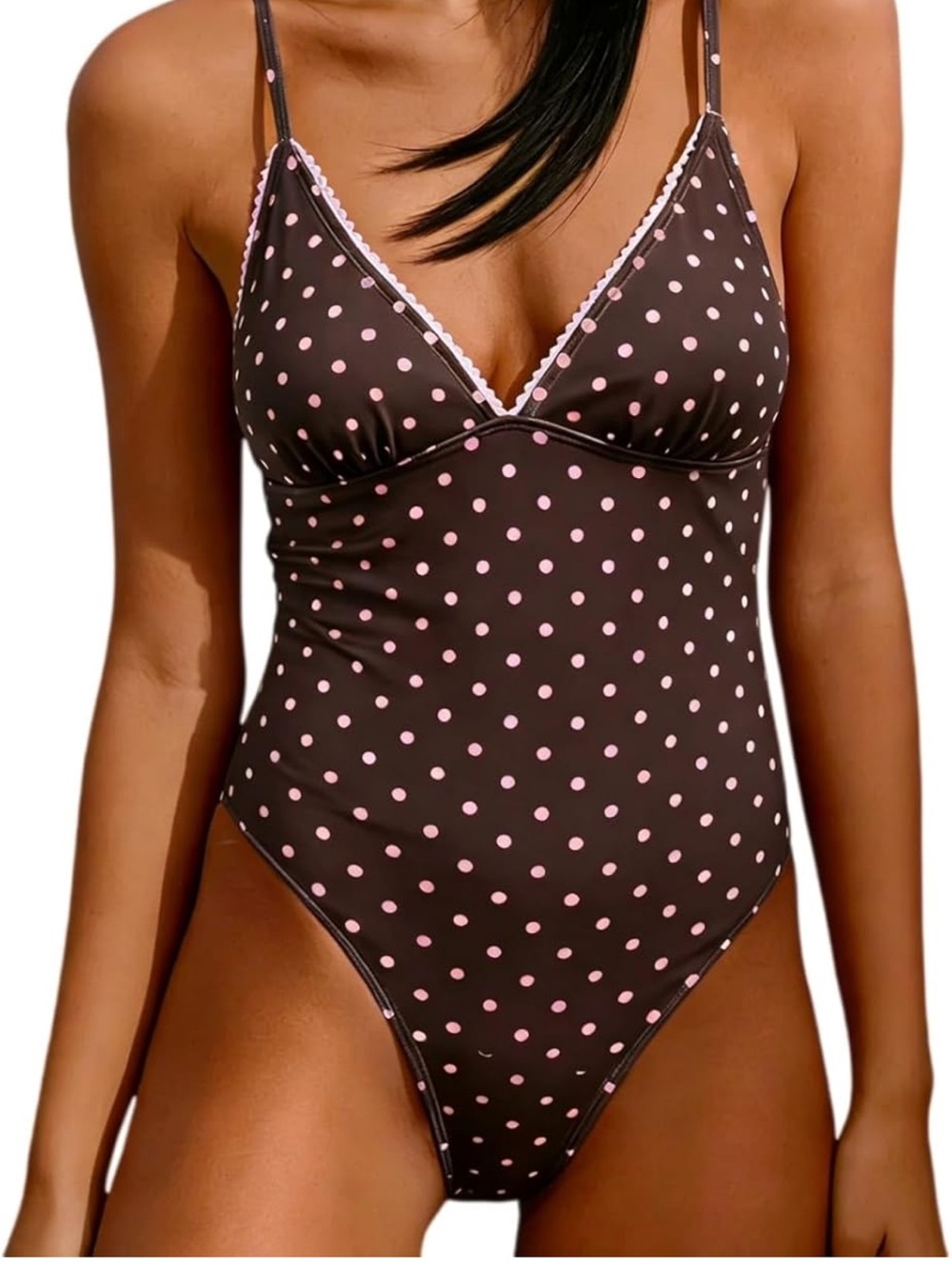 Brown Polka Dot One-Piece Swimsuit with Pink Dots - Women Swim